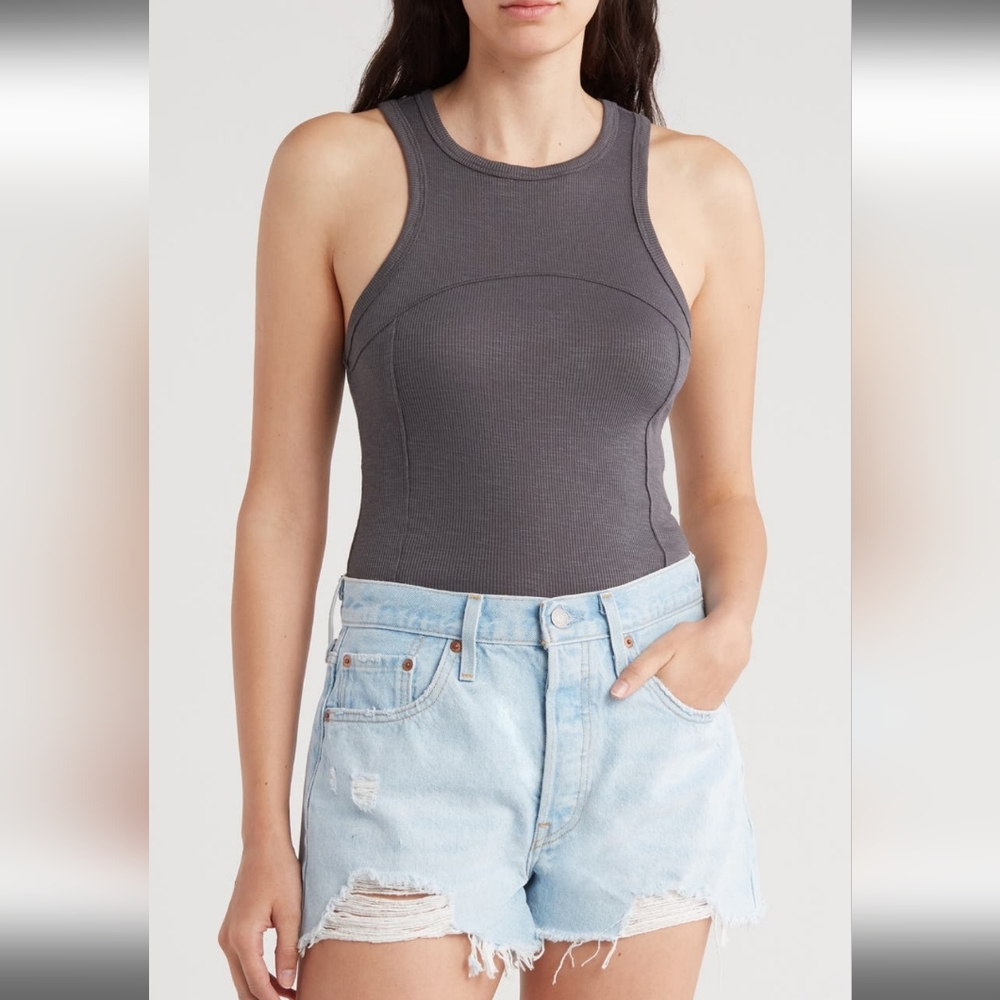Elodie Ribbed Crop Tank Large, CHARCOAL